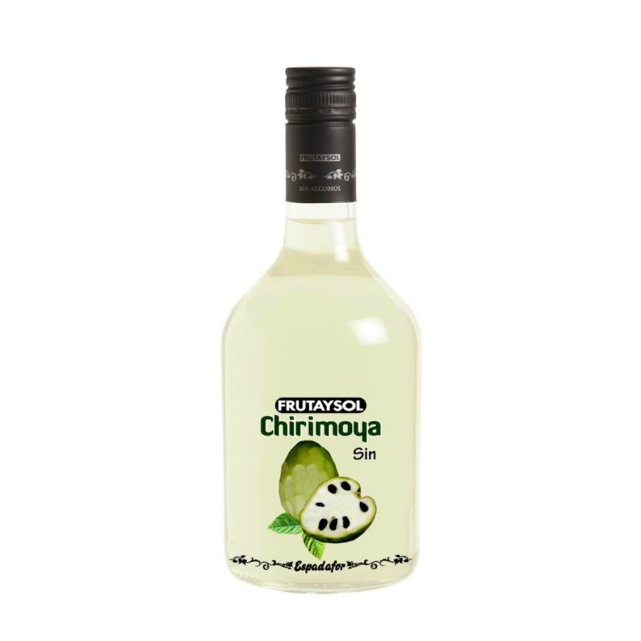 Botella de 70cl de bebida inspirada en licor de chirimoya sin alcohol producido por Industrias Espadafor S.A.