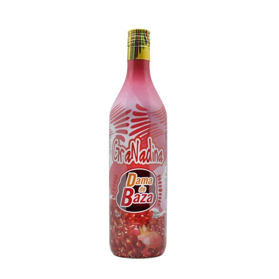 Botella de 1L de sirope de granadina Dama de Baza sin alcohol. Bebida fabricada por Industrias Espadafor.