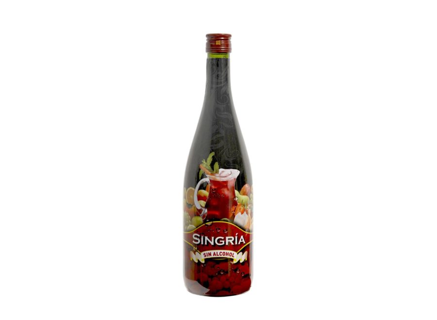 Botella en formato de 1 litro de capacidad de singria, un producto basado en sangría sin alcohol. Bebida fabricada en Granada, España. En stock listo para enviar.