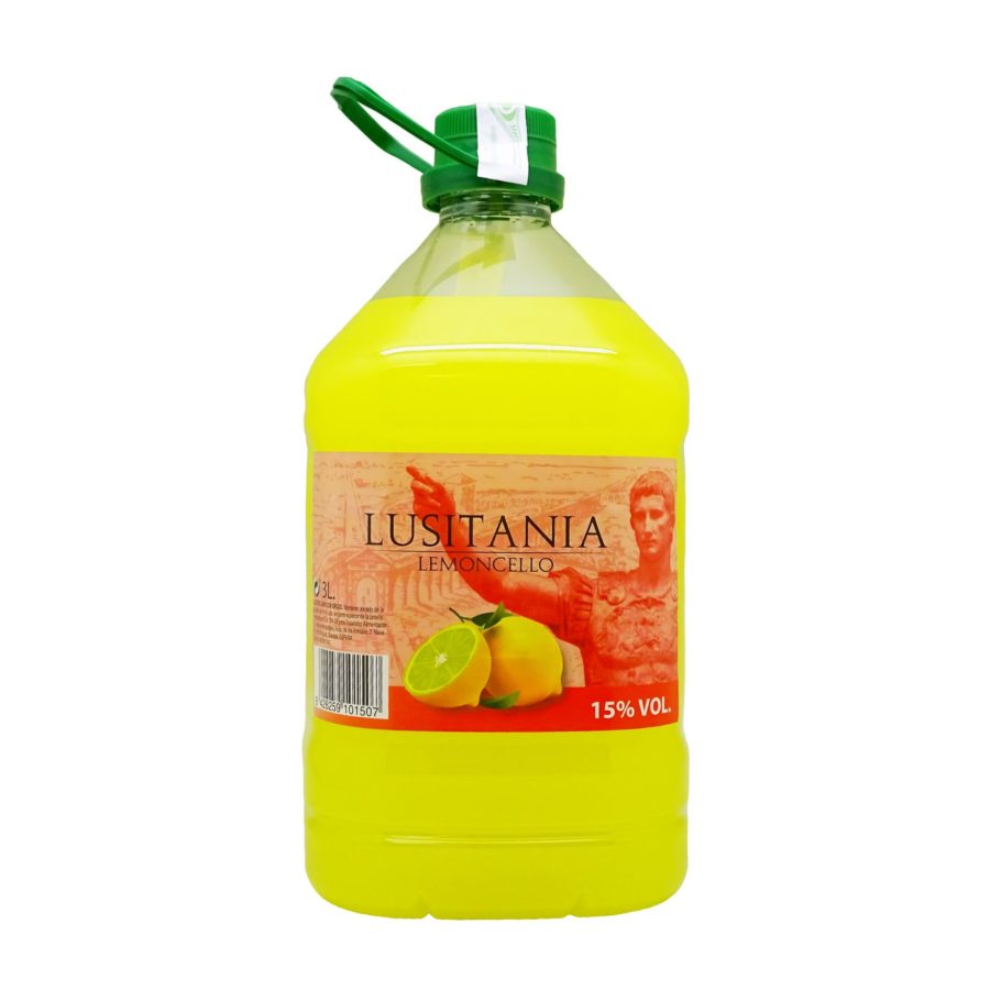 Garrafa de 3 litros de Lemoncello con un 15% volumen de alcohol, marca Lusitania para conquistar a tu paladar. Producto fabricado en Andalucía. En stock listo para envío.