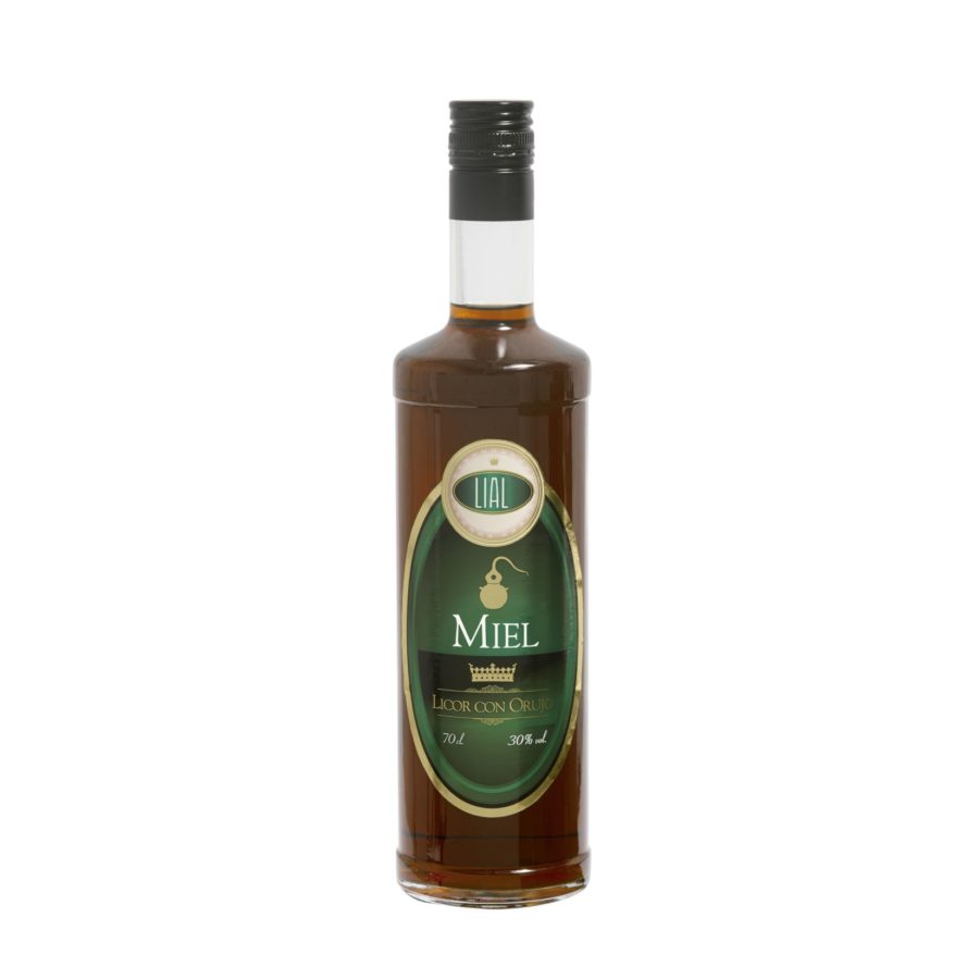 Botella de 700ml de orujo de miel marca LIAL, producto fabricado en Granada, España en stock listo para enviar.