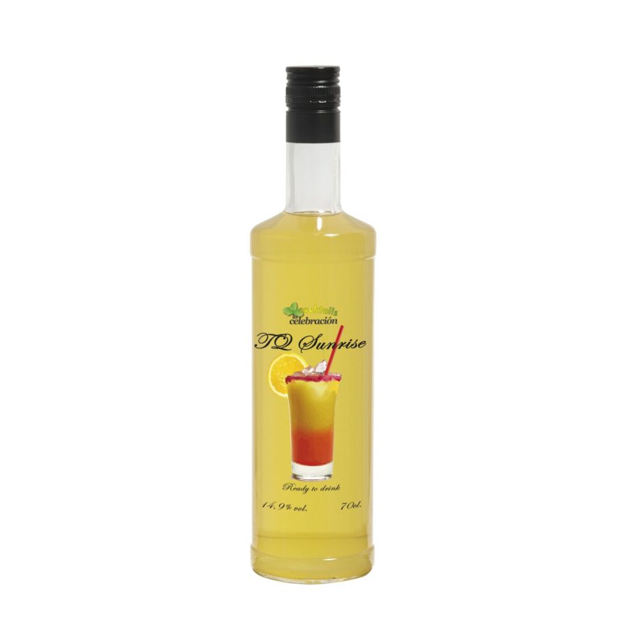 Botella de Cocktail Tequila Sunrise con 14,9% de alcohol en formato de 70cl. Producto fabricado en Granada, España. En stock, listo para enviar.