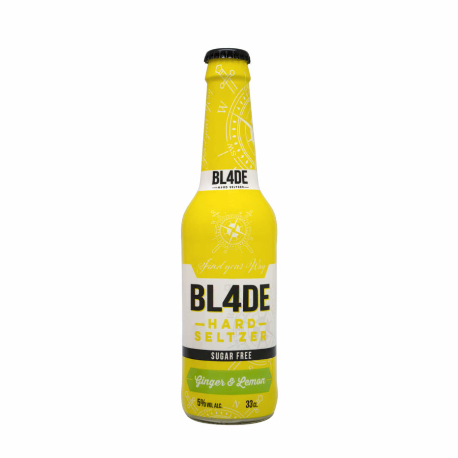 Bebida tipo hard seltzer en botellín de 33cl marca blade "Bl4de", con auténtico sabor a jenjibre y limón.